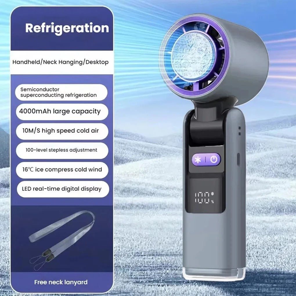 Violent Ice Cooling Fan Handheld Portable Fan Rechargeable Speed Ice Cooling Handheld Small Fan High Speed Folding Neck Type Fan Random Color