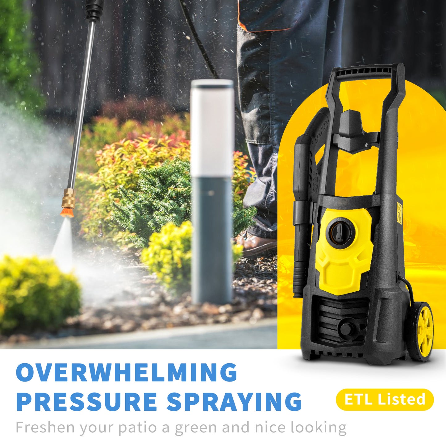 VEVOR Electric Power Washer, 2000 PSI, Max 1.65 GPM Pressure Washer W  30 Ft Hose & Reel, 5 Quick Connect Nozzles, Foam Cannon, Portable To Clean Patios, Cars, Fences, Driveways, ETL Listed