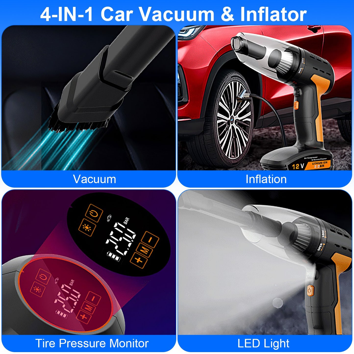 4-in-1 Cordless Car Vacuum & Tire Inflator